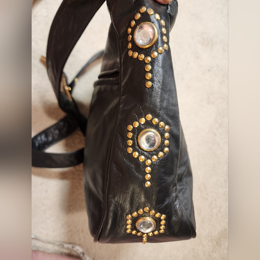 Dawli Large Black Soft Leather Shoulder Bag Jeweled Sides Long Strap Old Money